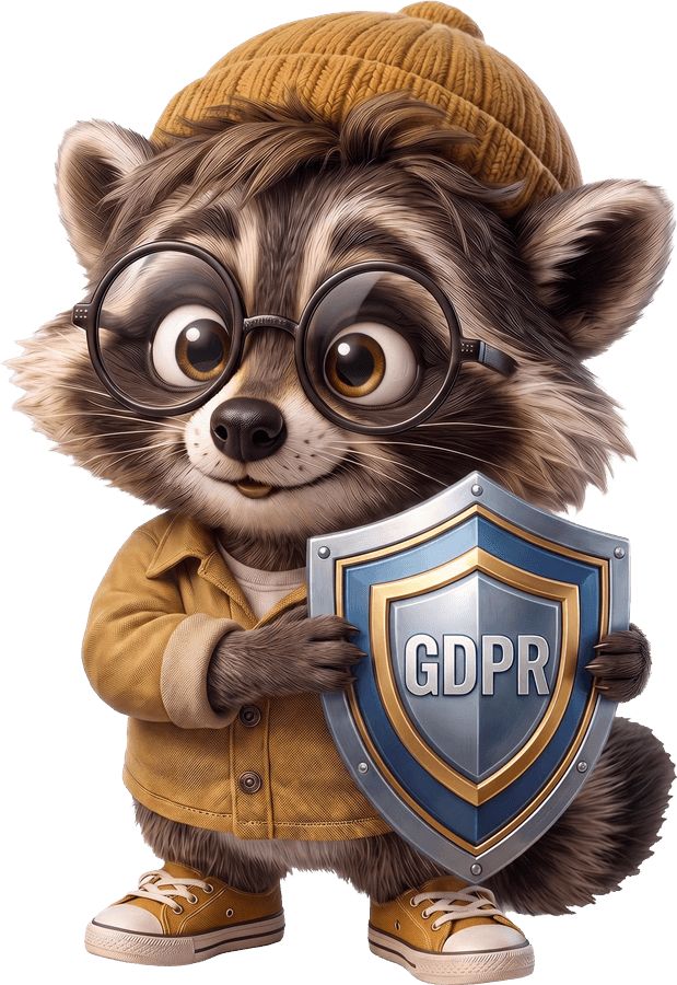 Pip, the Roqo raccoon, holding a shield marked GDPR.