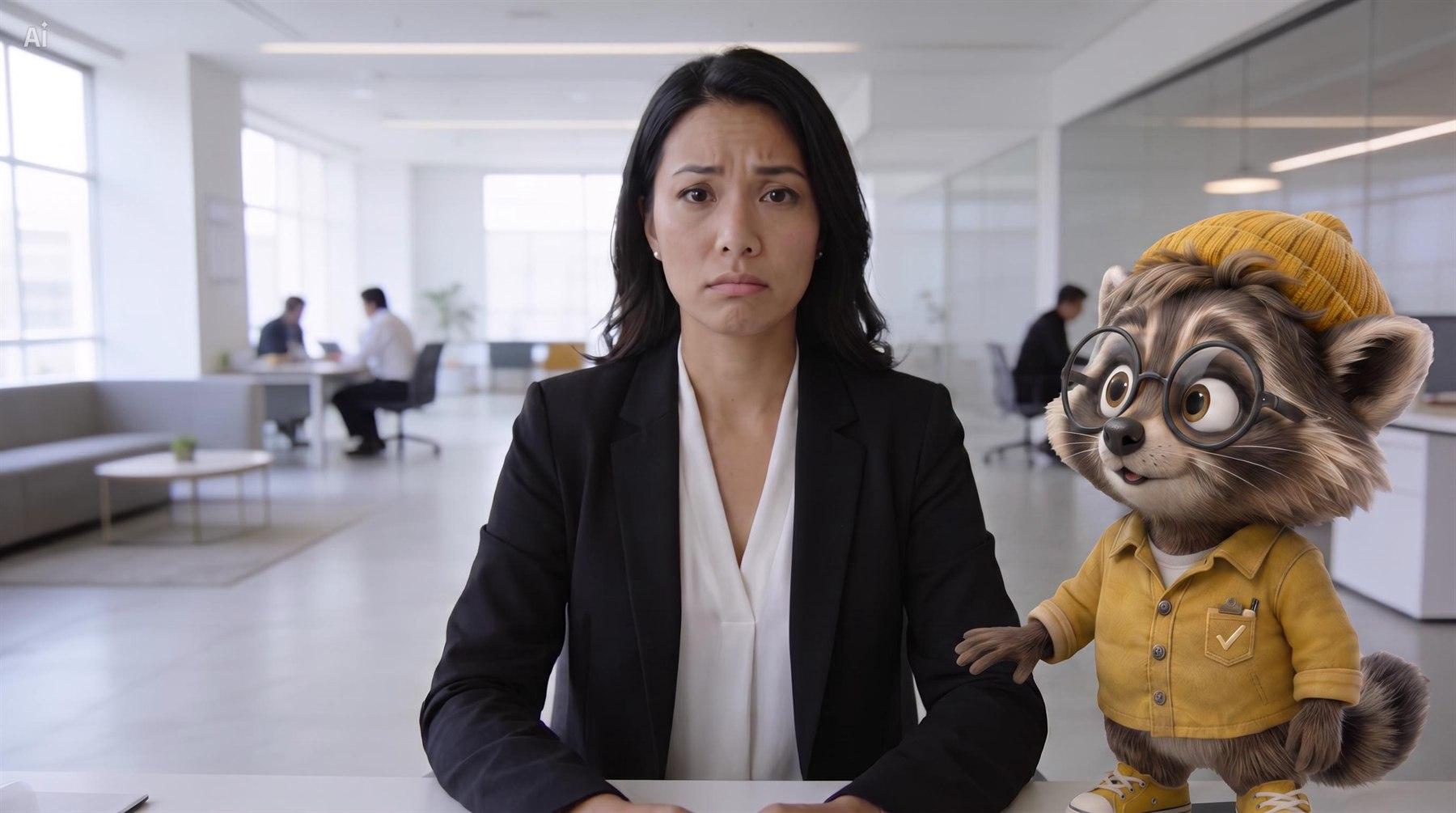 A recruiter at her desk, with Roqo beside her.